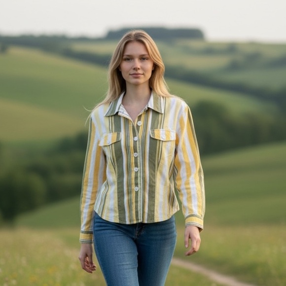 Mondi Tops - Mondi Vintage Green and Yellow Striped Button-Down Shirt